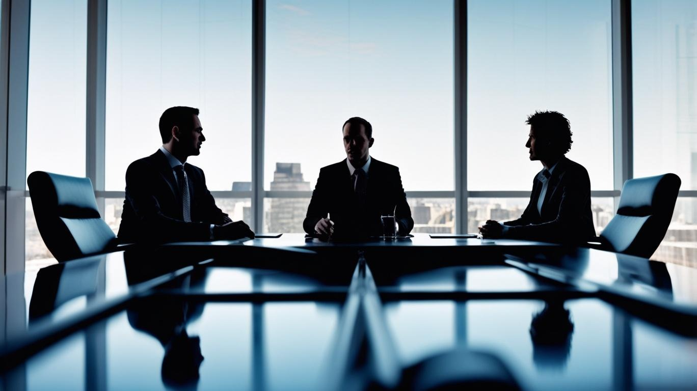 Três executivos em reunião de negócios em sala de reunião corporativa